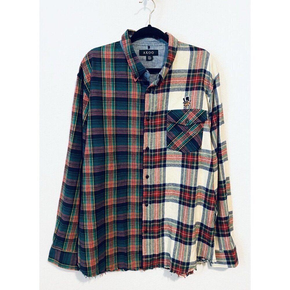 Akoo Shirt Mens XXL Mixed Plaid Flannel Button Up Fringe Hem Long Sleeve Grunge